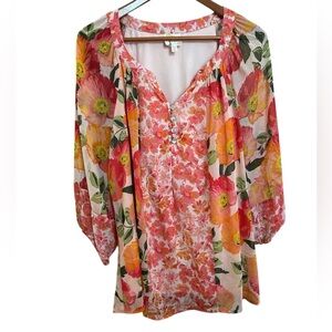 Fig & Flower Blouse Womens Sz 2X Semi Sheer Lined Tunic Peach Floral Flowy Cozy